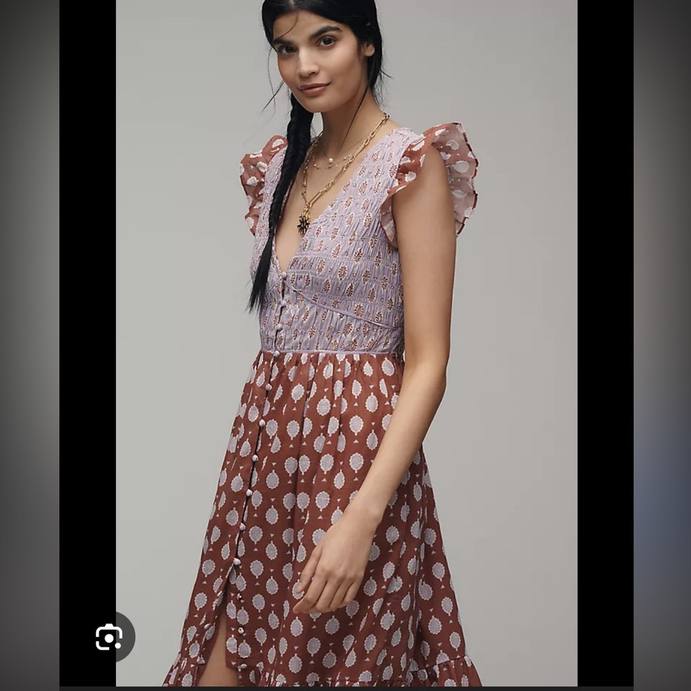 Anthropologie Lavender & Brown Patterned Midi Dress